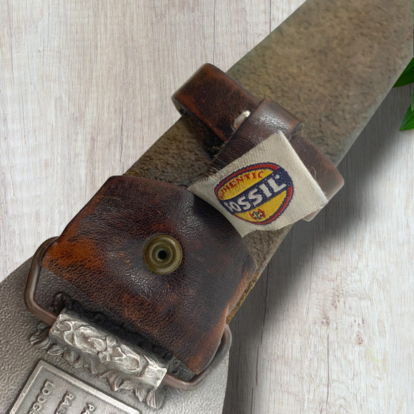 Vintage Fossil Sz 34 Brown Leather Belt 1977 Bergamot Brass Works Masonic Buckle - Picture 5 of 7